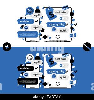 Concept Repair of mobile phones and Service electronic technic with abstract elements, icons and bubble chat. Illustration banner in modern style. Stock Vector