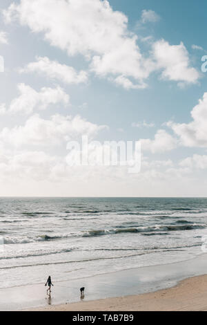 Woman walking her dog on the beach in Del Mar, San Diego, California Stock Photo