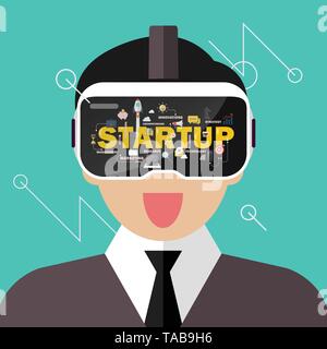 Man wearing virtual reality headset Startup concept. Vector illustration Stock Vector