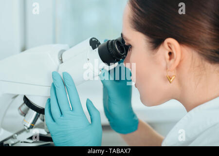 Scientist using microscope in lab, close-up. Laboratory technician and microscope, macro Stock Photo
