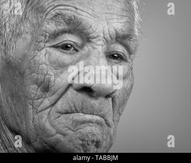 Monochromatic portrait of a Caucasian Spanish old man with white hair. Spain. Stock Photo