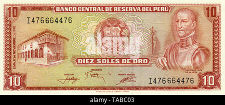 Banknote, Peru, 10 Sol, Inca Garcilaso de la Vega, 1976 Stock Photo