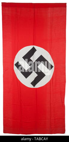 An NSDAP banner Double-sided, two piece cotton construction. Hoist edge with pole tunnel and two rope lanyard loops. Approximately 220 x 110 cm. USA-lot, see page 4. historic, historical, 20th century, 1930s, party organisation, party organization, organisations, organizations, organization, organisation, party, parties, political party, German, Germany, NS, National Socialism, Nazism, Third Reich, German Reich, utensil, piece of equipment, utensils, object, objects, stills, Editorial-Use-Only Stock Photo