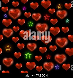 Red Polygonal Heart with Colorful Stars Random Seamless Pattern on Black Background Stock Vector