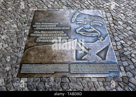 Plaque commemmorating 1987 Speech of President Ronald Reagan. The US leader called on Mr Gorbachov to tear down the wall  in Berlin Stock Photo