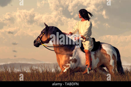 A Native American warrior rides his pinto coated horse as it jumps over ...