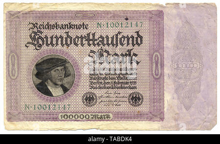 Front of a Reichsbank banknote, Vorderseite einer Banknote,  Reichsbanknote, 100000 Mark, 1923, Inflationsgeld, Deutschland, Europa Stock Photo