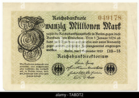Front of a Reichsbank banknote, Vorderseite einer Banknote, Reichsbanknote, 20 Millionen Mark, 1923, Inflationsgeld, Deutschland, Europa Stock Photo