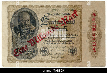 Front of a Reichsbank banknote, Vorderseite einer Banknote,  Reichsbanknote, 1000 Mark überdruckt mit 1 Million Mark, 1922, Inflationsgeld, Deutschland, Europa Stock Photo