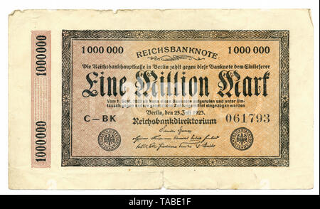 Front of a Reichsbank banknote, Vorderseite einer Banknote, Reichsbanknote, 1 Million Mark, 1923, Inflationsgeld, Deutschland, Europa Stock Photo