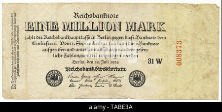 Front of a Reichsbank banknote, Vorderseite einer Banknote,  Reichsbanknote, 1 Million Mark, 1923, Inflationsgeld, Deutschland, Europa Stock Photo