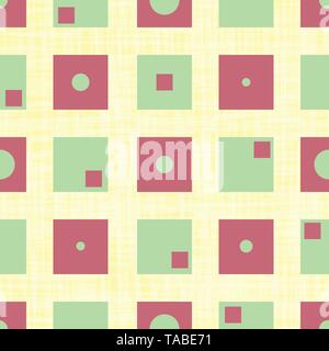 Funky green and red squares with inner circles and rectangles in geometric design. Seamless vector pattern on canvas textured yellow background. Great Stock Vector