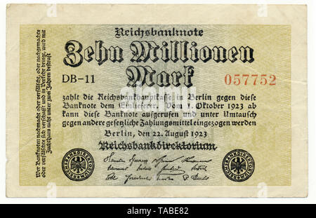 Front of a Reichsbank banknote, Vorderseite einer Banknote, Reichsbanknote, 10 Millionen Mark, 1923, Inflationsgeld, Deutschland, Europa Stock Photo