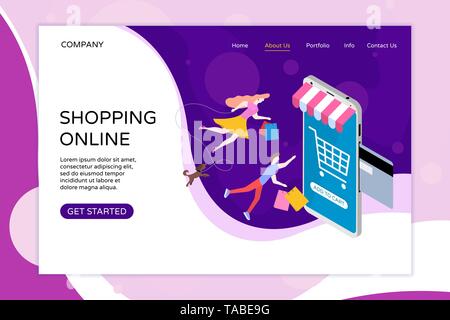 Shopping online landing page template. Bank card inserted into smartphone with shop canopy. Man woman keep shopping bags and dog fly in space. Modern Stock Vector
