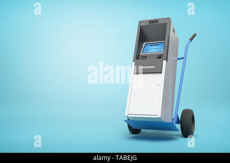 3d rendering of blue hand truck with grey and white ATM on top on light-blue background with copy space. Stock Photo