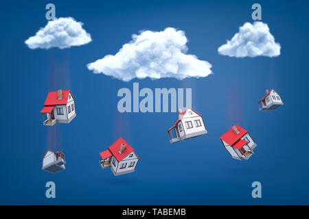 3d rendering of white houses with red roofs falling out of white clouds on blue background Stock Photo