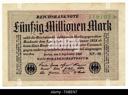Front of Reichsbank banknote, Vorderseite einer Banknote, Reichsbanknote, 50 Millionen Mark, 1922, Inflationsgeld, Deutschland, Europa Stock Photo