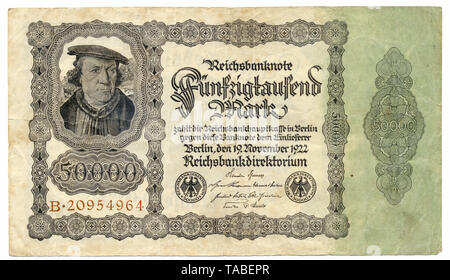Front of Reichsbank banknote, Vorderseite einer Banknote, Reichsbanknote, 50000 Mark, 1922, Inflationsgeld, Deutschland, Europa Stock Photo