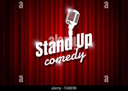 Stand up comedy night live show open mic on empty theatre stage. Vintage microphone against red curtain backdrop. Retro vector art image illustration Stock Vector