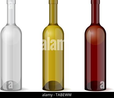 Wine realistic 3d bottle template set for alcohol industry design. Vector illustration Stock Vector