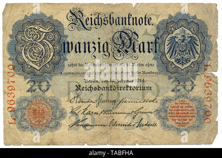 Front of a Reichsbank banknote, 20 RM (Reichsmark), Germany, Vorderseite, Reichsbanknote, 20 RM (Reichsmark), 1914, Deutschland, Europa Stock Photo