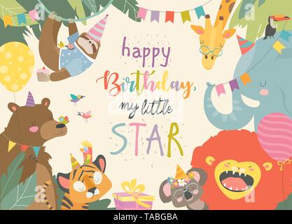 Vector frame with cute animals celebrating Birthday Stock Vector