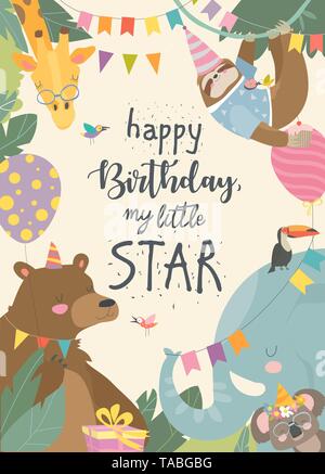 Vector frame with cute animals celebrating Birthday Stock Vector