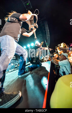 Indio, California, April 26, 2019, Bret Michaels Band on stage performing to an energetic crowd on day 1 of the Stagecoach Country Music Festival. Stock Photo