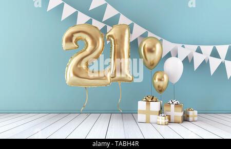 Happy 21st birthday party celebration balloon, bunting and gift box. 3D Render Stock Photo