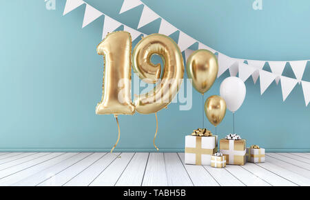 Happy 19th birthday party celebration balloon, bunting and gift box. 3D Render Stock Photo