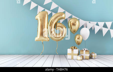 Happy 16th birthday party celebration balloon, bunting and gift box. 3D Render Stock Photo