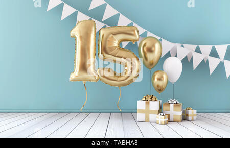 Happy 15th birthday party celebration balloon, bunting and gift box. 3D Render Stock Photo