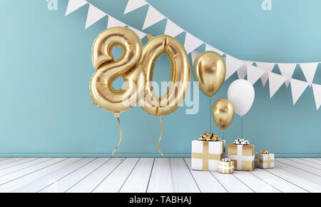 Happy 80th birthday party celebration balloon, bunting and gift box. 3D Render Stock Photo