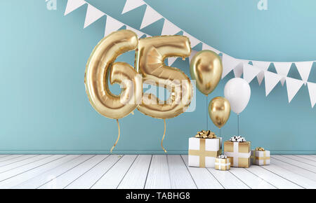 Happy 65th birthday party celebration balloon, bunting and gift box. 3D Render Stock Photo