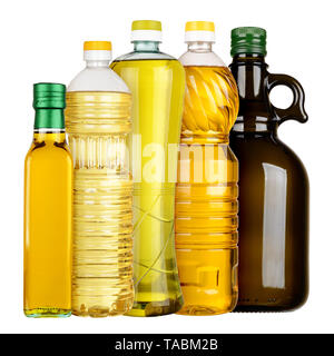 Olive and sunflower oil in the bottles set isolated on white background Stock Photo
