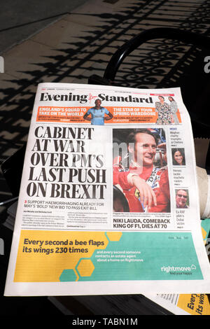 Evening Standard Theresa May Brexit newspaper headline on newsstand 'Cabinet at War Over PM's Last Push on Brexit' outside the Houses of Parliament in Westminster London UK  21 May 2019 Stock Photo