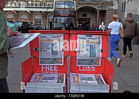 Evening Standard Theresa May Brexit newspaper headline on newsstand 'PM's Last Chance Vote May be Off' outside Charing Cross Station in Westminster London UK  21 May 2019 Stock Photo