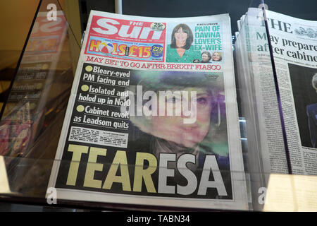 The Sun newspaper headline front page 'TEARESA May Set to Go After Brexit Fiasco'  and Cabinet revolt as Andrea Leadsom quits on  23 May 2019 in the buildup to a Conservative Tory leadership contest in Westminster London England UK Stock Photo