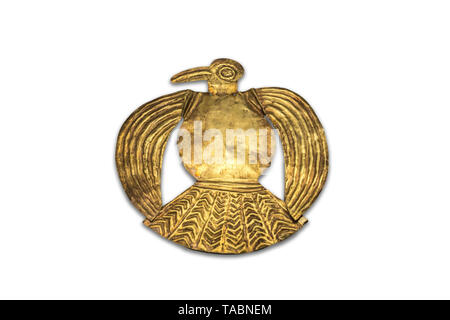 Madrid, Spain - Sept 8th, 2018: Bird-shaped gold plate beloging to Inca Empire. Museum of the Americas, Madrid, Spain Stock Photo