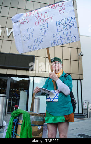 Supporter of Brexit as bible prophesy outside Brexit Party rally in London Olympia on 21 May 2019 just before the European Election Vote on the 23 May Stock Photo