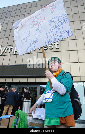 Supporter of Brexit as bible prophesy outside Brexit Party rally in London Olympia on 21 May 2019 just before the European Election Vote on the 23 May Stock Photo