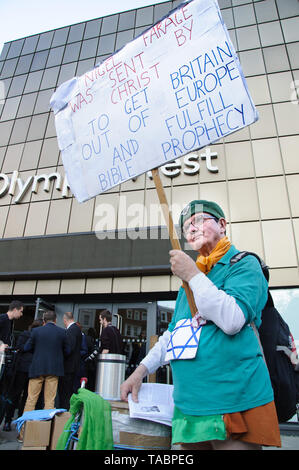 Supporter of Brexit as bible prophesy outside Brexit Party rally in London Olympia on 21 May 2019 just before the European Election Vote on the 23 May Stock Photo