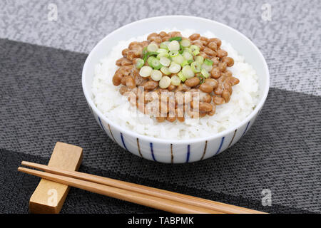 Japanese cooked white rice with Natto Stock Photo