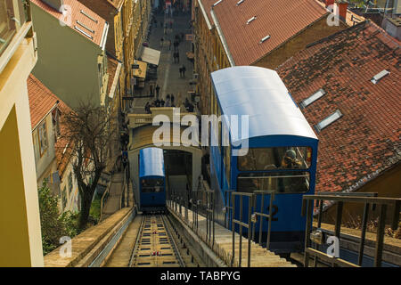 Zagreb, Croatia - December 29th 2018. Zagreb's public transport funicular transports passengers from Ilica Street in Donji Grad to Strossmayerovo Seta Stock Photo