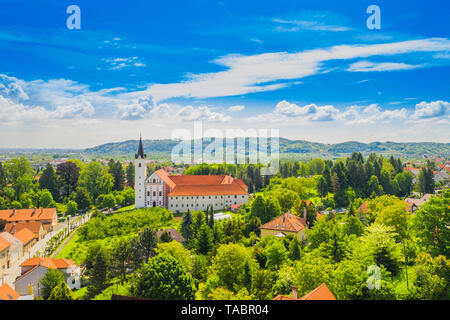 Town of Samobor in Croatia, catholic church and monastery, aerial view from drone Stock Photo