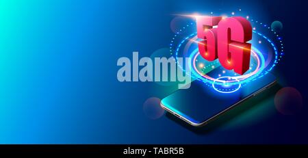 5G Technology and Mobile Networks Concept on Colorful Background. Stock Vector