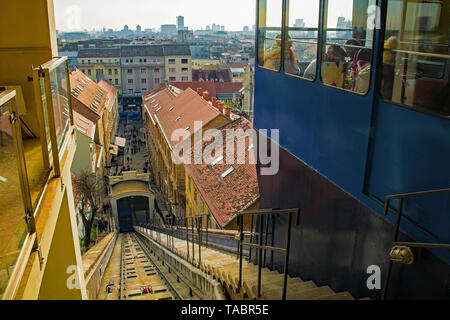 Zagreb, Croatia - December 29th 2018. Zagreb's public transport funicular transports passengers from Ilica Street in Donji Grad to Strossmayerovo Seta Stock Photo