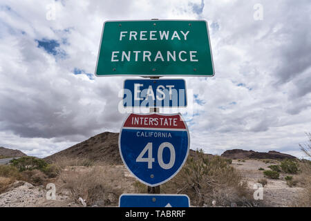 Interstate 40 east freeway on ramp sign near Mojave National Preserve in Southern California. Stock Photo