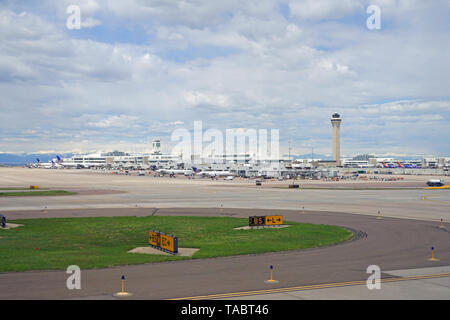 DENVER, CO -11 MAY 2019- View of airplanes from United Airlines (UA) at the Denver International Airport, or DIA (DEN), at the foot of the Rocky Mount Stock Photo