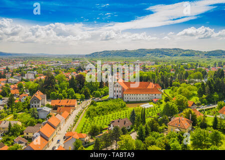 Town of Samobor in Croatia, catholic church and monastery, aerial view from drone Stock Photo